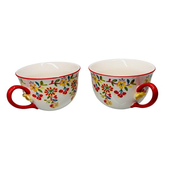 ANTHROPOLOGIE Cadiz Coffee Tea Cup Mug Painted Floral Design 3D Flower Red Set - Picture 4 of 16
